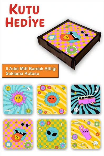 UNT Eğlenceli Renkli 6’lı MDF Bardak Altlığı Seti | Renkli Pop Art Tasarım | Ahşap Kutu Hediyeli ürün görseli 1
