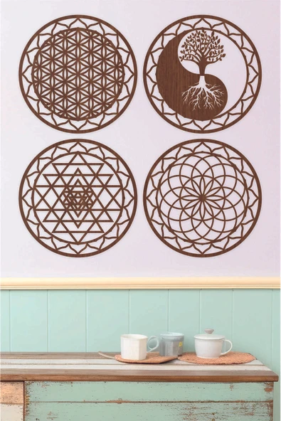 UNT 4 1ü Kutsal Geometri Seti ( Yaşam Çiçeği, Sri Yantra, Torus ve Yin Yang Ağaç) Kahverengi 20 x 20 ürün görseli 1