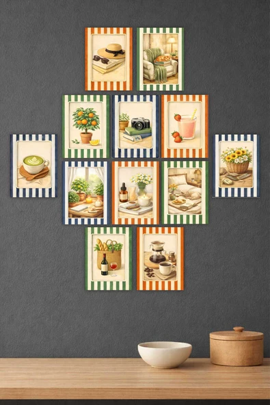 UNT Rustik Çizgili Çerçeve Görünümlü Dekoratif Tablo Seti – 12 Parça | MDF UV Baskı Duvar Dekoru 15x20cm Çok Renkli 15 x 20 ürün görseli 1
