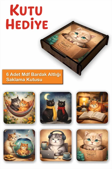 UNT 6’lı MDF Bardak Altlığı Saklama Kutulu – Sevimli Kediler Temalı ürün görseli 1