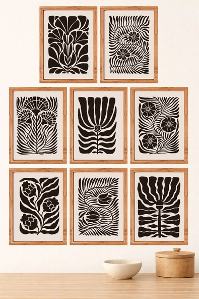 UNT Minimal Siyah Beyaz Çiçek Desenli 8 li MDF UV Baskı Tablo Seti – Modern & Bohem Duvar Dekoru Çok Renkli 15 x 20 ürün görseli 1