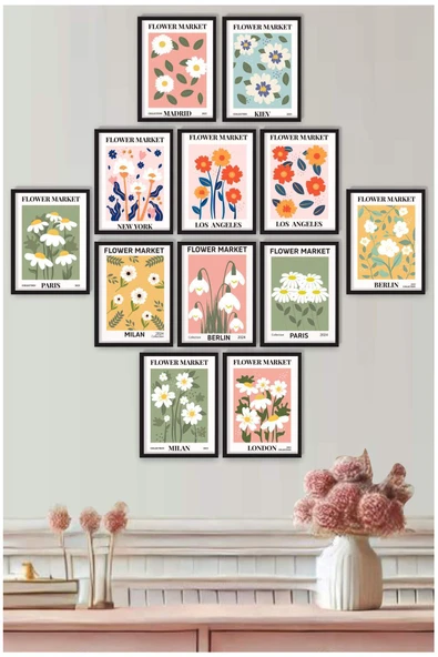 UNT Flower Market 12'li Çiçek Temalı Dekoratif Duvar Tablo Seti – Modern Minimalist Poster Seti Çok Renkli 15 x 20 ürün görseli 1