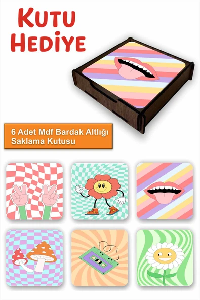 UNT Eğlenceli Renkli 6’lı MDF Bardak Altlığı Seti | Renkli Pop Art Tasarım | Ahşap Kutu Hediyeli ürün görseli 1