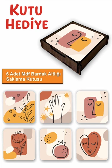 UNT 6’lı Minimal Line Art Desenli MDF Bardak Altlığı Seti – Ahşap Saklama Kutulu, Kutu Hediye ürün görseli 1