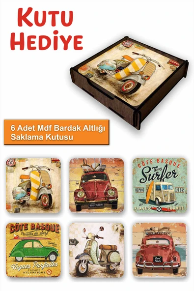 UNT Retro Vintage Araç Temalı 6’lı MDF Bardak Altlığı Seti | Ahşap Kutu Hediyeli ürün görseli 1