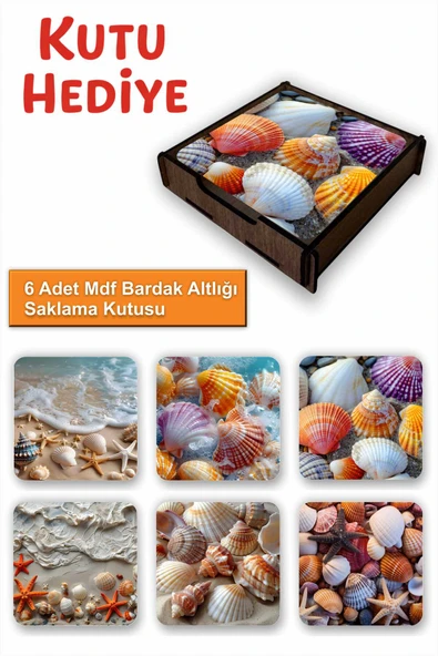 UNT 6’lı MDF Bardak Altlığı Saklama Kutulu – Deniz Kabukları Temalı ürün görseli 1