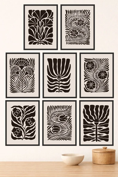 UNT Minimal Siyah Beyaz Çiçek Desenli 8’li MDF UV Baskı Tablo Seti – Modern & Bohem Duvar Dekoru Çok Renkli 15 x 20 ürün görseli 1