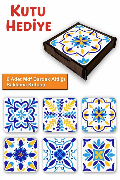 UNT Çini Desenli 6’lı MDF Bardak Altlığı Seti | Renkli Pop Art Tasarım | Ahşap Kutu Hediyeli ürün görseli 1
