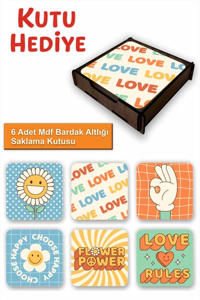 UNT Love Temalı 6’lı MDF Bardak Altlığı Seti | Renkli Pop Art Tasarım | Ahşap Kutu Hediyeli ürün görseli 1