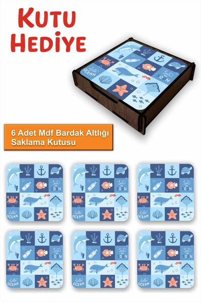 UNT Deniz Temalı 6’lı MDF Bardak Altlığı Seti | Sevimli Okyanus Desenleri | Ahşap Kutu Hediyeli ürün görseli 1