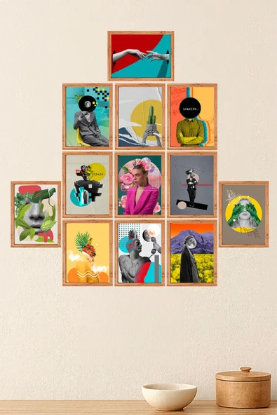 UNT Modern Kolaj Sanat Tasarımlı 12’li Dekoratif Ahşap Çerçeve Görünümlü MDF Tablo Seti Çok Renkli 15 x 20 ürün görseli 1