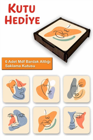 UNT 6’lı Minimal Line Art Desenli MDF Bardak Altlığı Seti – Ahşap Saklama Kutulu, Kutu Hediye ürün görseli 1