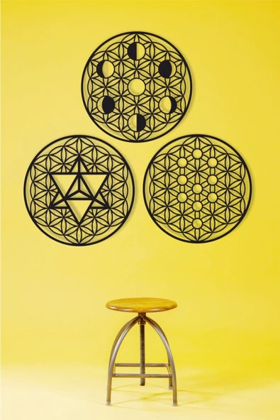 UNT Kutsal Geometri 3 Lü Set, Yaşam Çiçeği, Merkaba, Ay Evreleri Duvar Dekoru, Ahşap Dekoratif Tablo Siyah 48 x 48 ürün görseli 1