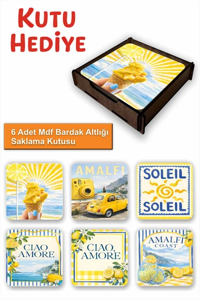 UNT Amalfi Limon Temalı 6’lı MDF Bardak Altlığı Seti – Ahşap Saklama Kutulu Dekoratif Bardak Altlığı ürün görseli 1