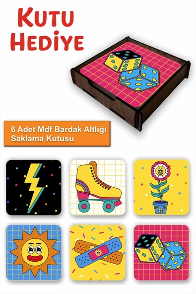 UNT Eğlenceli Renkli 6’lı MDF Bardak Altlığı Seti | Renkli Pop Art Tasarım | Ahşap Kutu Hediyeli ürün görseli 1
