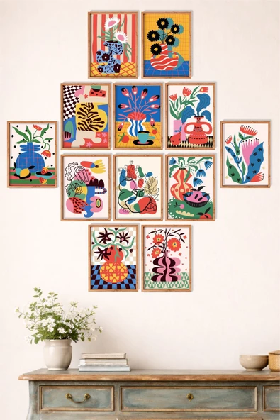 UNT Modern Soyut Duvar Tablosu Seti 12’li | 15x20 cm UV Baskı | Çerçeve Görünümlü Dekoratif Tablo Çok Renkli 15 x 20 ürün görseli 1