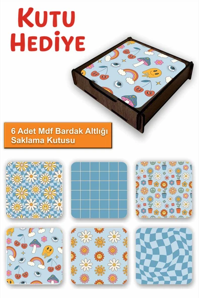 UNT Eğlenceli Renkli 6’lı MDF Bardak Altlığı Seti | Renkli Pop Art Tasarım | Ahşap Kutu Hediyeli ürün görseli 1