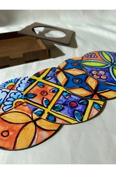 UNT Çini Desenli 4'lü Set Ahşap Bardak Altlığı V2 ürün görseli 1