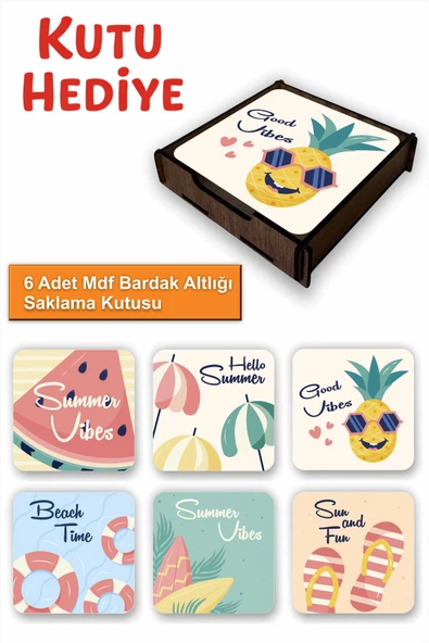 UNT 6’lı MDF Bardak Altlığı Saklama Kutulu – Yaz Temalı ürün görseli 1