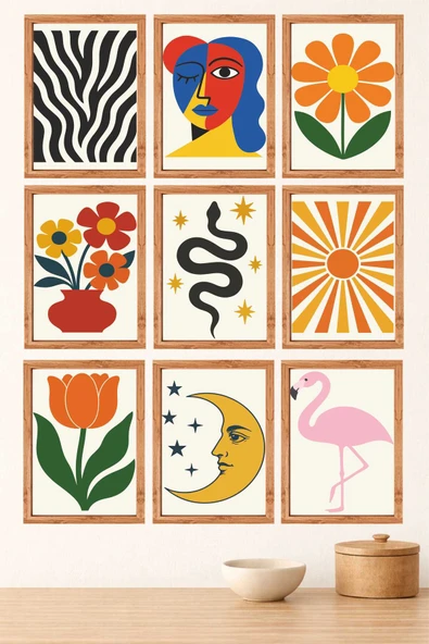 UNT Modern Retro Desenli 9’lu MDF Tablo Seti 15x20 UV Baskı Çerçeve Görünümlü Çok Renkli 15 x 20 ürün görseli 1