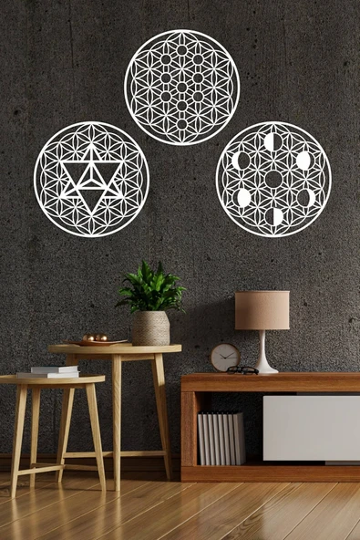 UNT Kutsal Geometri 3 Lü Set, Yaşam Çiçeği, Merkaba, Ay Evreleri Duvar Dekoru, Ahşap Dekoratif Tablo Beyaz 48 x 48 ürün görseli 1