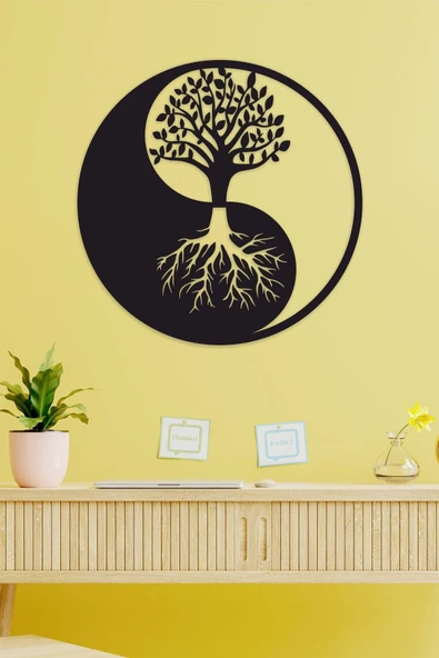 UNT Yin Yang Yaşam Ağacı Duvar Dekoru - Süsü, Ahşap Dekoratif Tablo SİYAH 48 x 48 ürün görseli 1
