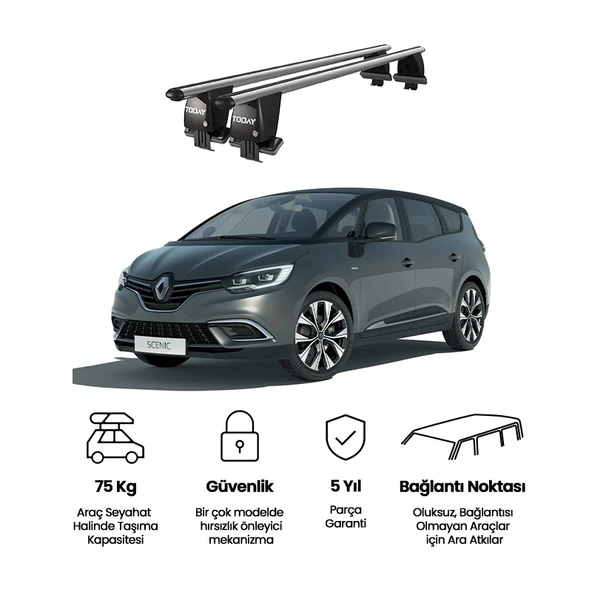 Royal Renault Scenic (2017 ve Sonrası) Uyumlu Gri Kilitli Ara Atkı Port Bagaj Tavan Barı ürün görseli 1