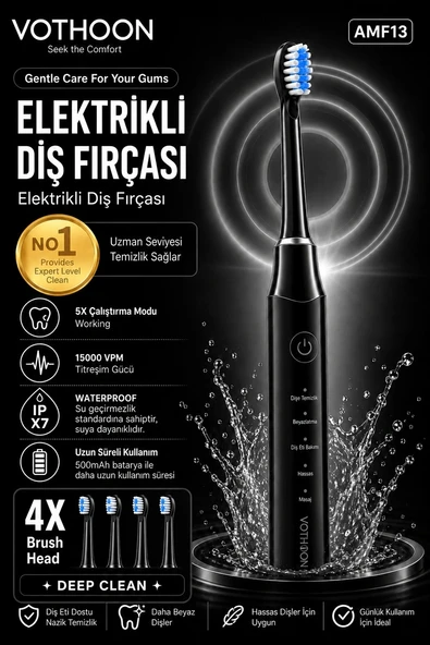 Şarjlı Diş Fırçası 15000 VPM Titreşim Gücü, 500mAh Batarya, 5 Temizlik Modu Siyah ürün görseli 1