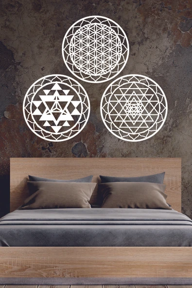 UNT 3 1ü Kutsal Geometri Seti ( Yaşam Çiçeği, Sri Yantra ve Merkaba) Beyaz 48 x 48 ürün görseli 1
