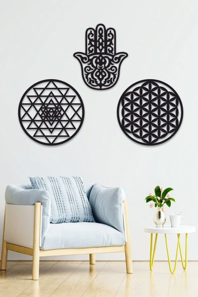 UNT Ahşap Yaşam Çiçeği Sri Yantra Ve Hamsa Bolluk Bereket Sembolleri Üçlü Dekoratif Tablo Duvar Süsü Siyah 30 x 30 ürün görseli 1