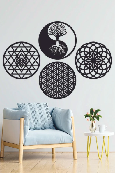 UNT Yaşam Çiçeği, Sri Yantra, Torus Ve Yin Yang Yaşam Ağacı 4'lü Set Duvar Tablosu SİYAH 30 x 30 ürün görseli 1