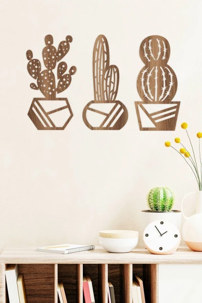 UNT 3’lü Kaktüs Set Duvar Dekoru-süsü, Ahşap Dekoratif Tablo Ceviz 30 x 45 ürün görseli 1