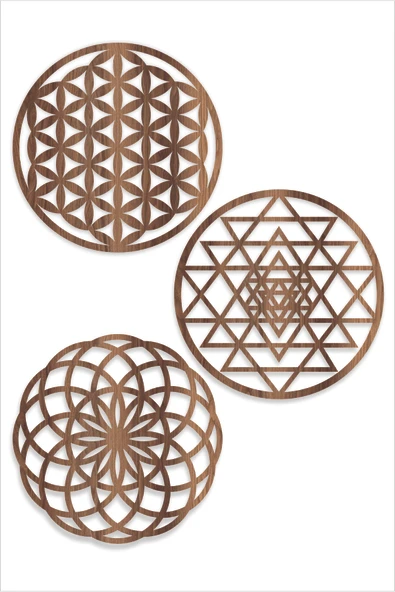 UNT Ahşap Yaşam Çiçeği Sri Yantra Torus Nefesi Üçlü Dekoratif Tablo Duvar Süsü Ev Hediyesi CEVİZ 48 x 48 ürün görseli 1