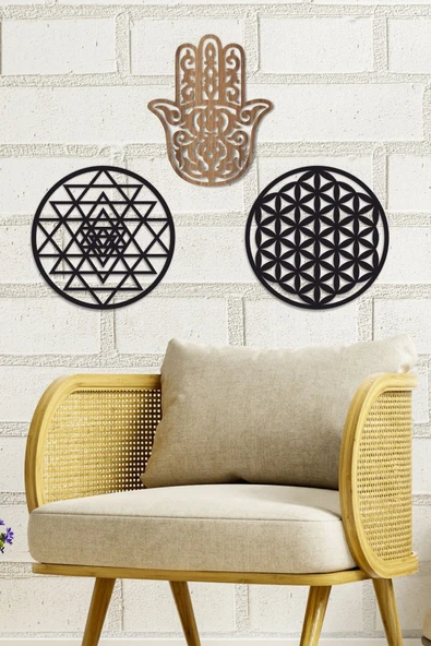 UNT Ahşap Yaşam Çiçeği Sri Yantra Ve Hamsa Bolluk Bereket Sembolleri Üçlü Dekoratif Tablo Duvar Süsü SİYAH-CEVİZ 30 x 30 ürün görseli 1