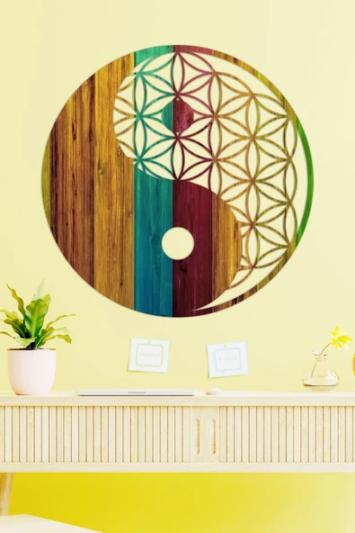 UNT Renkli Yaşam Çiçeği Yin Yang Duvar Dekoru - Süsü, Ahşap Dekoratif Tablo RENKLİ BASKI 48 x 48 ürün görseli 1