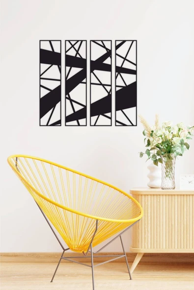 UNT Çizgiler Temalı Geometrik Modern Dekoratif Ahşap4'lü Tablo, Duvar Dekoru SİYAH 48 x 59 ürün görseli 1