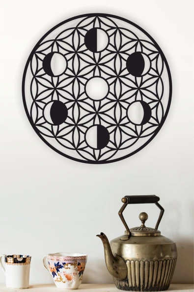 UNT Yaşam Çiçeği Kutsal Geometri, Ay Evreleri Duvar Dekoru - Süsü, Ahşap Dekoratif Tablo Siyah 48 x 48 ürün görseli 1