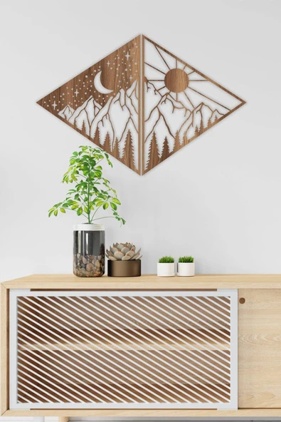 UNT Moon And Sun Dekoratif Ahşap Tablo, Duvar Dekoru CEVİZ 48 x 74 ürün görseli 1