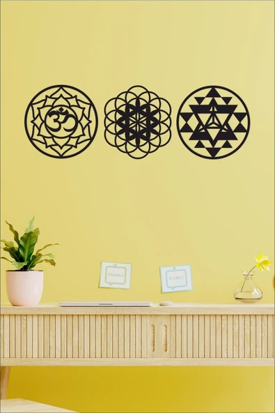 UNT Kutsal Geometri 3'l Ü Set Sri Yantra, Lotus Çiçeği, Yaşam Çiçeği Duvar Dekoru, Tablo SİYAH 30 x 30 ürün görseli 1