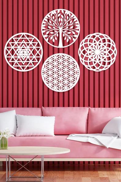 UNT Yaşam Çiçeği, Sri Yantra, Torus Ve Yaşam Ağacı 4'lü Set Duvar Tablosu BEYAZ 30 x 30 ürün görseli 1