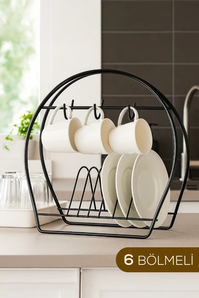 Metal Fincanlık ve Tabaklık Siyah 6lı Kupa Standı Mutfak Düzenleyici Organizer ürün görseli 1