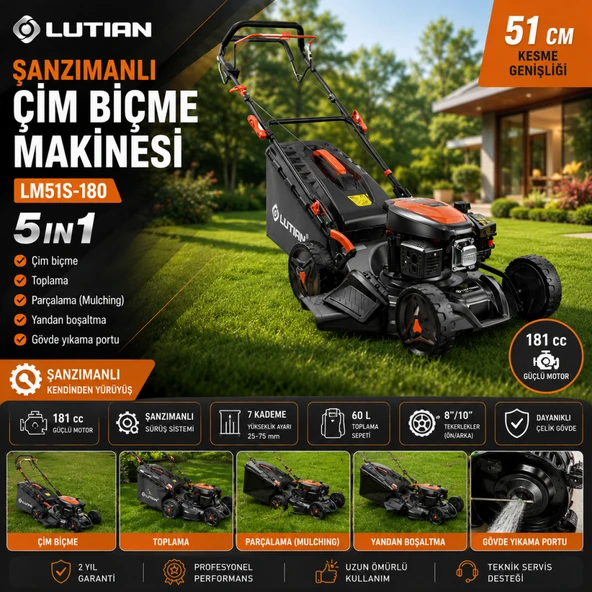 Lutian LM51S-180 Şanzımanlı Benzinli Çim Biçme Makinesi 51 cm 5in1 ürün görseli 1