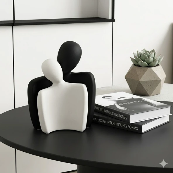 M2S Dijital Modern Soyut Sarılan Çift Figürü - Minimalist Siyah Beyaz Dekoratif Heykel ürün görseli 1
