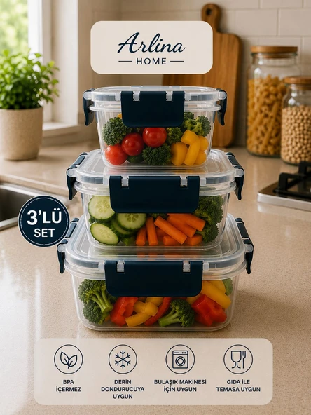 Softchef Sızdırmaz Kare 3 Lü Saklama Kabı Lacivert ürün görseli 1