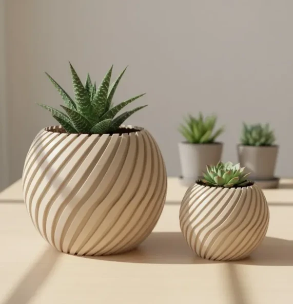M2S Dijital Sarmal Tasarım Dekoratif Saksı Seti - 2'li Minimalist Sukulent ve Kaktüs Sığınağı ürün görseli 1