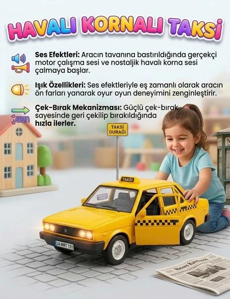 Nostaljik Havalı Kornalı Oyuncak Taksi - Sesli ve Işıklı Çek-Bırak Taksi Sarı Oyuncak Araba ürün görseli 1