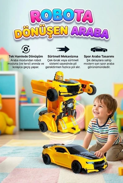 Robota Dönüşen Araba - Tek Hamlede Otomatik Dönüşüm, Sürtmeli Mekanizma Sarı Spor Araba Robot Oyuncak ürün görseli 1