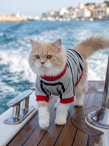 Yacht Club Marin Çizgili Kedi Tişörtü | Lacivert Kırmızı Yazlık Kedi Kıyafeti ürün görseli 1