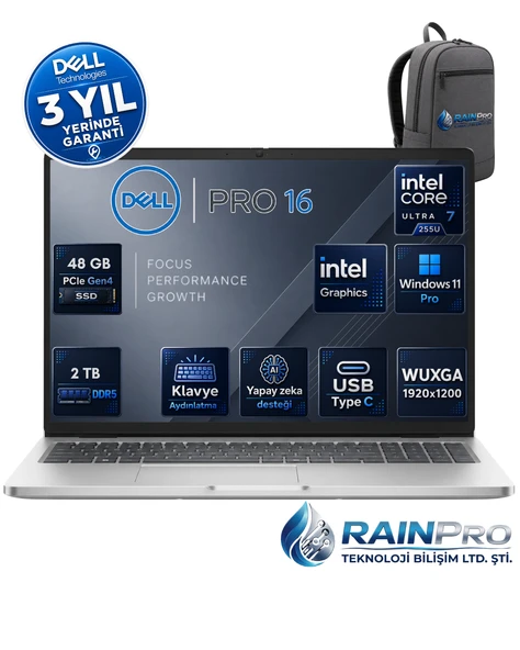 Dell Pro 16 Intel Core Ultra 7 255U 5.2ghz 48 GB DDR5 2 TB SSD Intel® Aı Boost 16 Inç IPS Wuxga Windows 11 Pro Taşınabilir Bilgisayar BTO107PC16250RNP15 ürün görseli 1