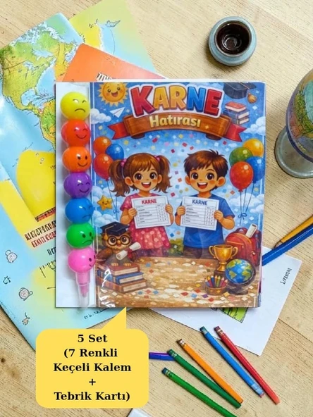 Karne Hediyesi 5 Set Renkli Keçeli Kalem ve Tebrik Kartı ürün görseli 1